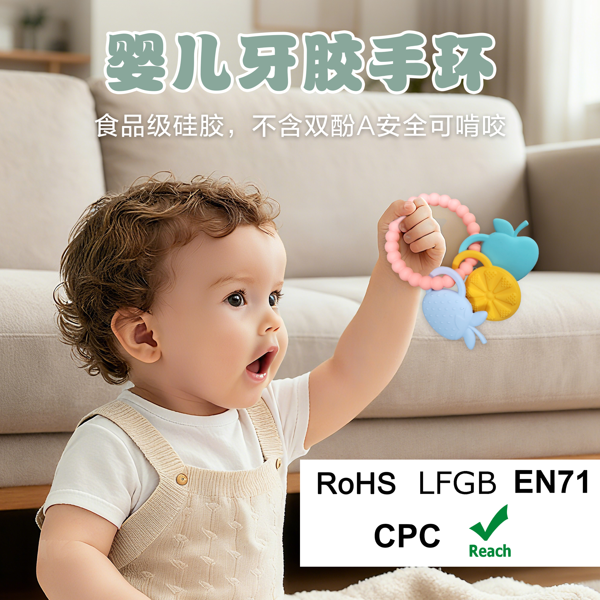 亞馬遜新生嬰兒硅膠牙膠防吃手圓環(huán)食品級(jí)可握咬玩具手環(huán)母嬰牙膠